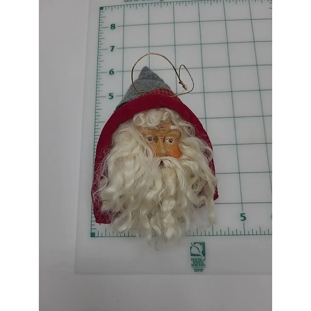 Old World Santa Head Saint Nick Ornament Painted Face Details Patchwork Hood